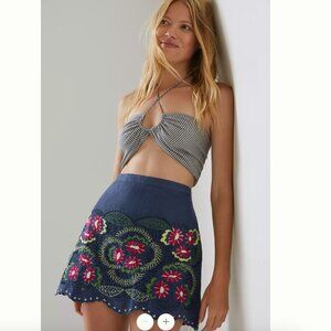 Anthropologie Embroidered Low-Rise Mini Skirt